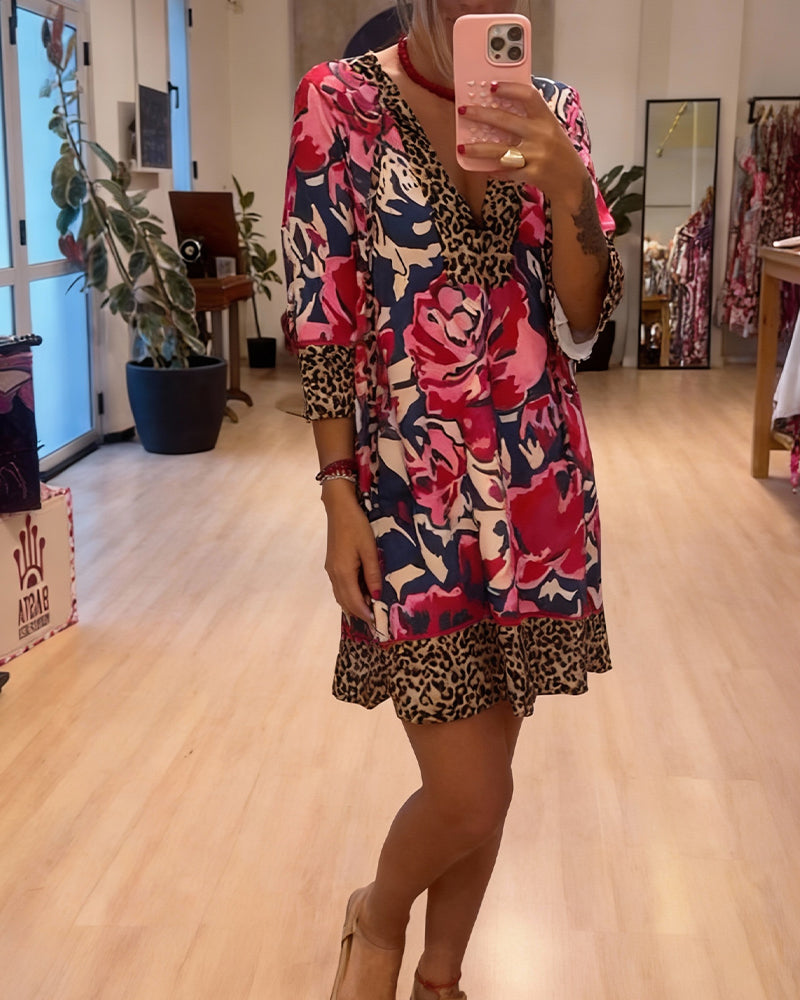V-Neck Lace-Up Leopard Print Floral Dress