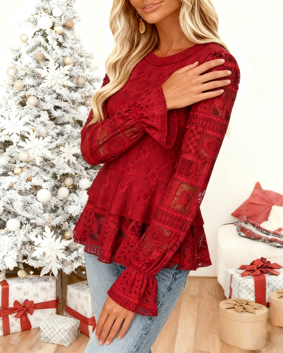 Bell-Sleeved Crochet Solid Color Top