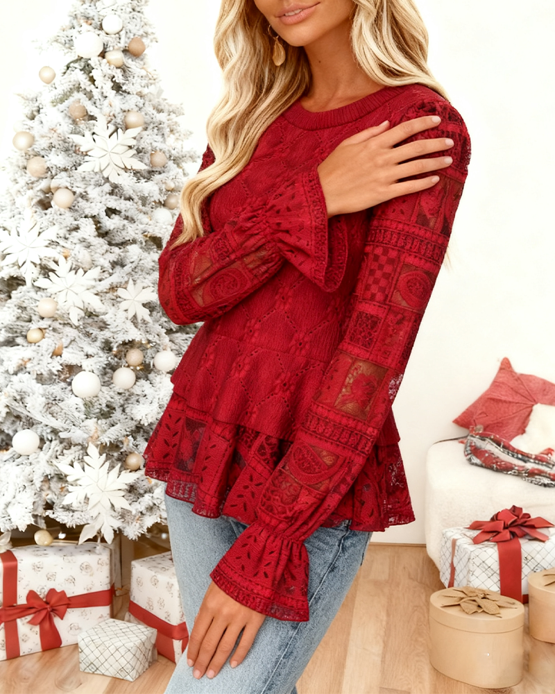 Bell-Sleeved Crochet Solid Color Top