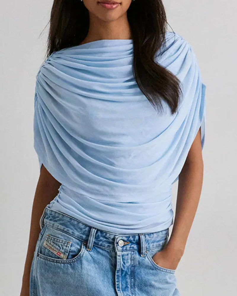 Mesh Scarf Neck Draped Slim Fit Blouse