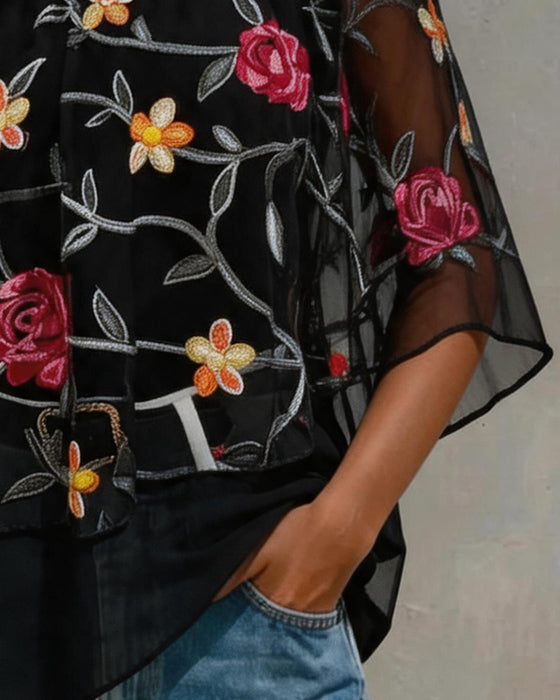 Mesh Rose One-Shoulder Twist Knot Blouse