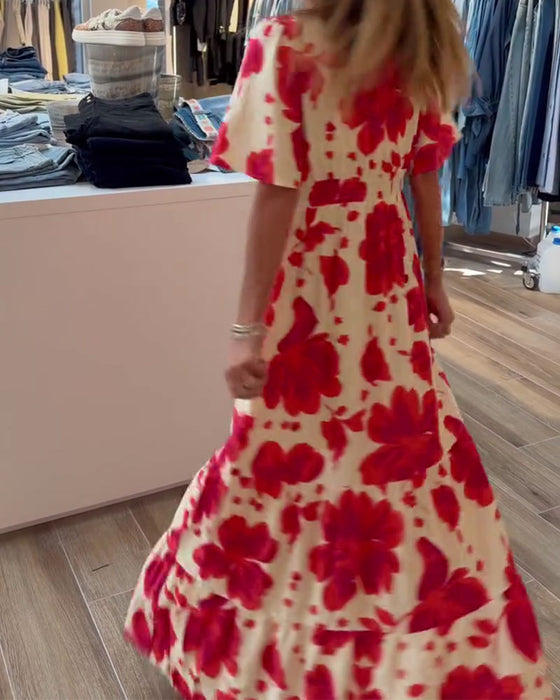 Deep V Resort Waist Printed Dress