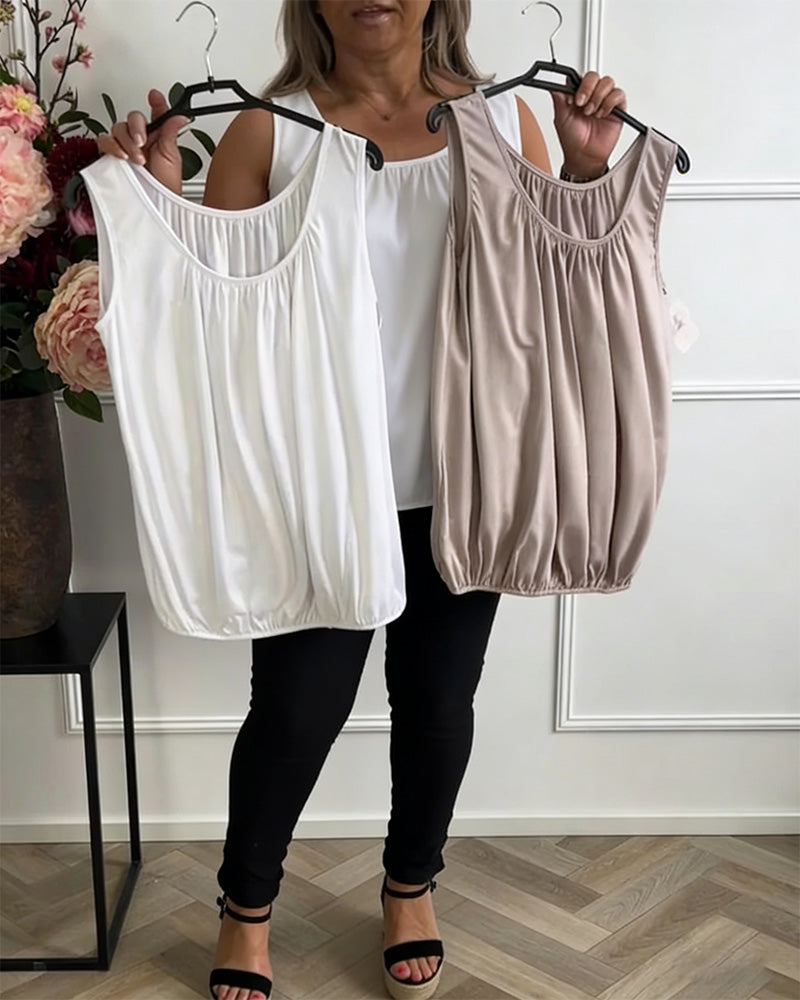 Sleeveless Solid Color Pleated Tank Top