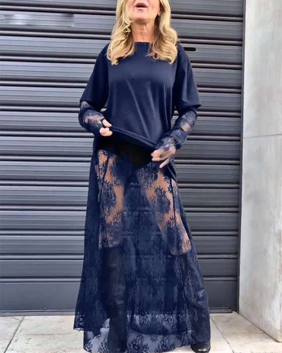 Two-piece set - solid color T-shirt and lace skirt