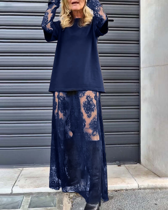 Two-piece set - solid color T-shirt and lace skirt