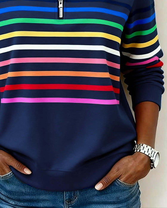 Half-Zip Collar Fashionable Rainbow Striped Sweatshirt