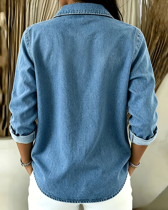 Lapel Zip Long Sleeve Blouse