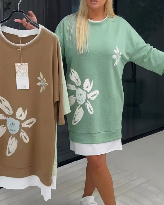 Crew Neck Printed Patchwork Sweatshirt Dress
