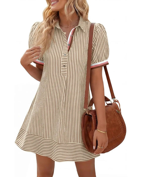 Stripe Puff Sleeve Polo Collar Dresses