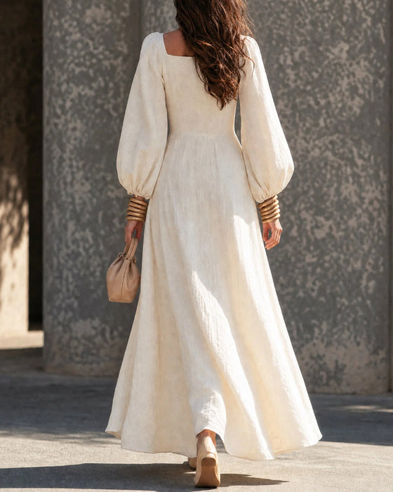 Square Neck Shirred Full Skirt Dress