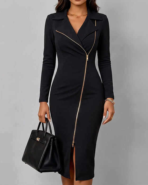 Lapel Diagonal Zip Slit Dress