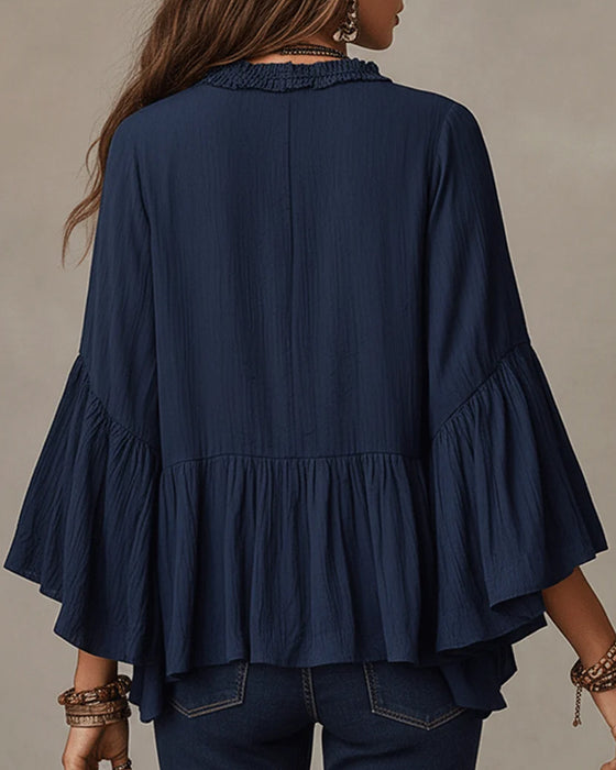 V-Neck Scallop Ruffle Trim Blouse
