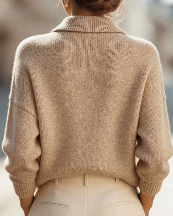 Turn-Down Collar Drop-Shoulder Solid Long-Sleeve Pullover