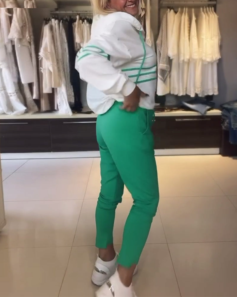 Casual striped print hooded sweatshirt set