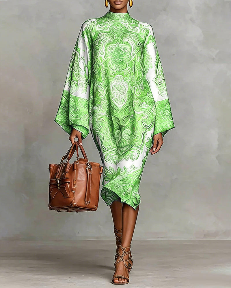 High-Neck Vintage Print Dress