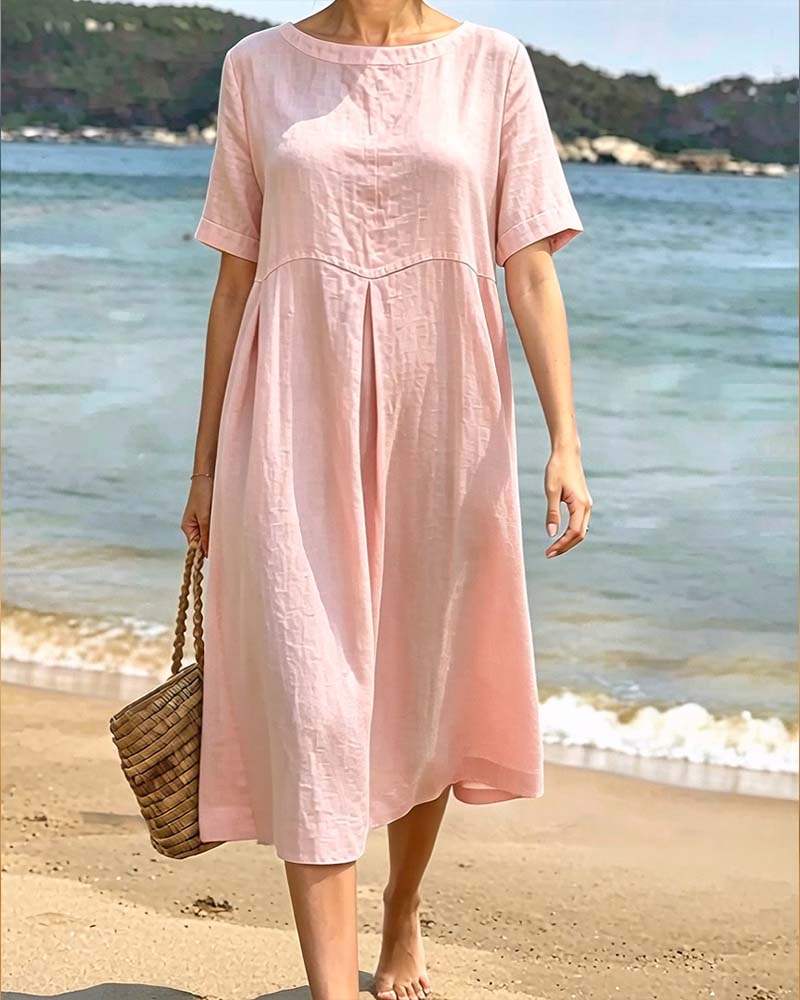 Round Neck Short Sleeve Solid Relaxed Dress