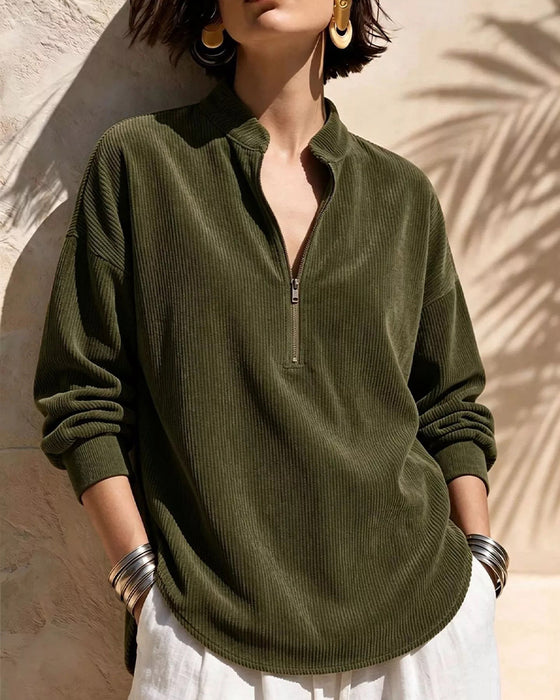 Zip Stand Collar Corduroy Blouse