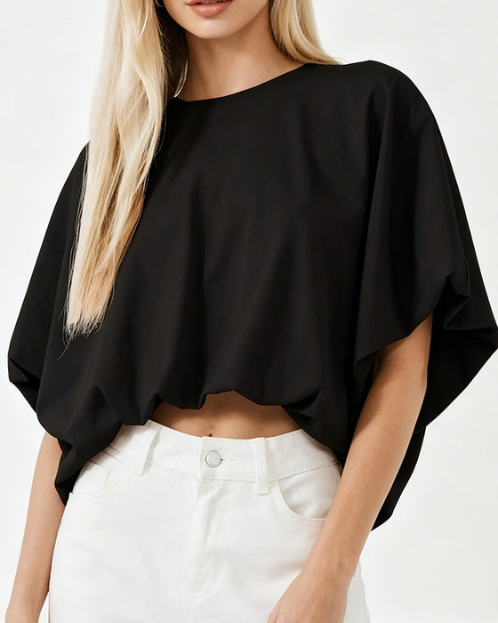 Solid Color Puff Sleeve Cropped Top