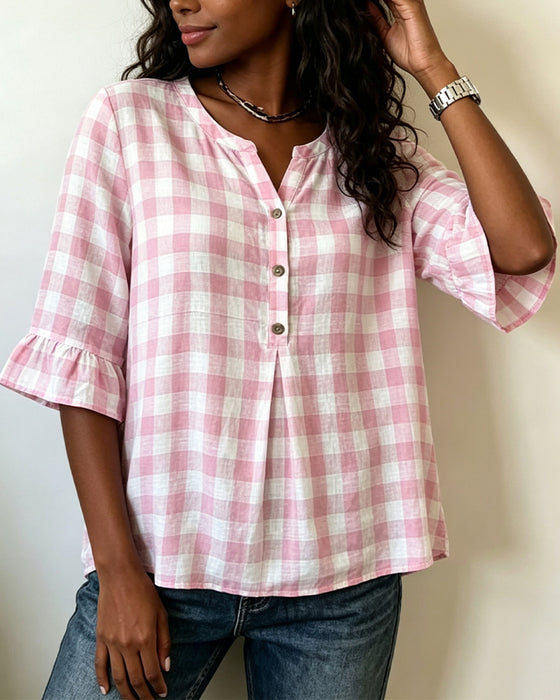 V-Neck Button Front Checkered Ruffle Blouse