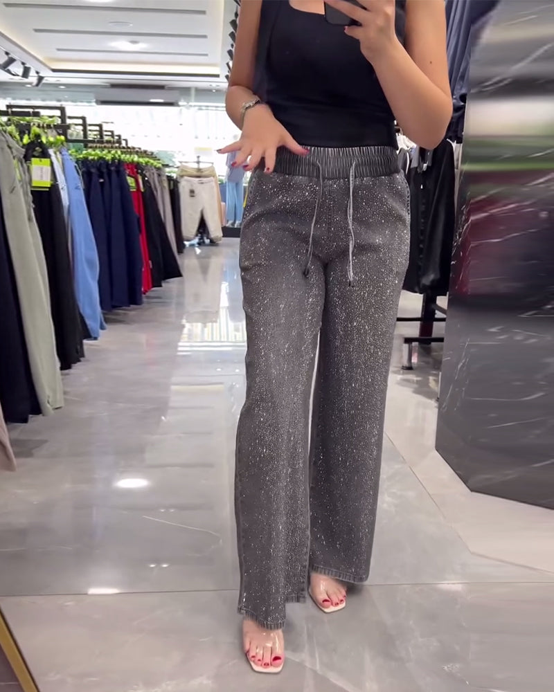 Casual solid color pocket elastic waist pants