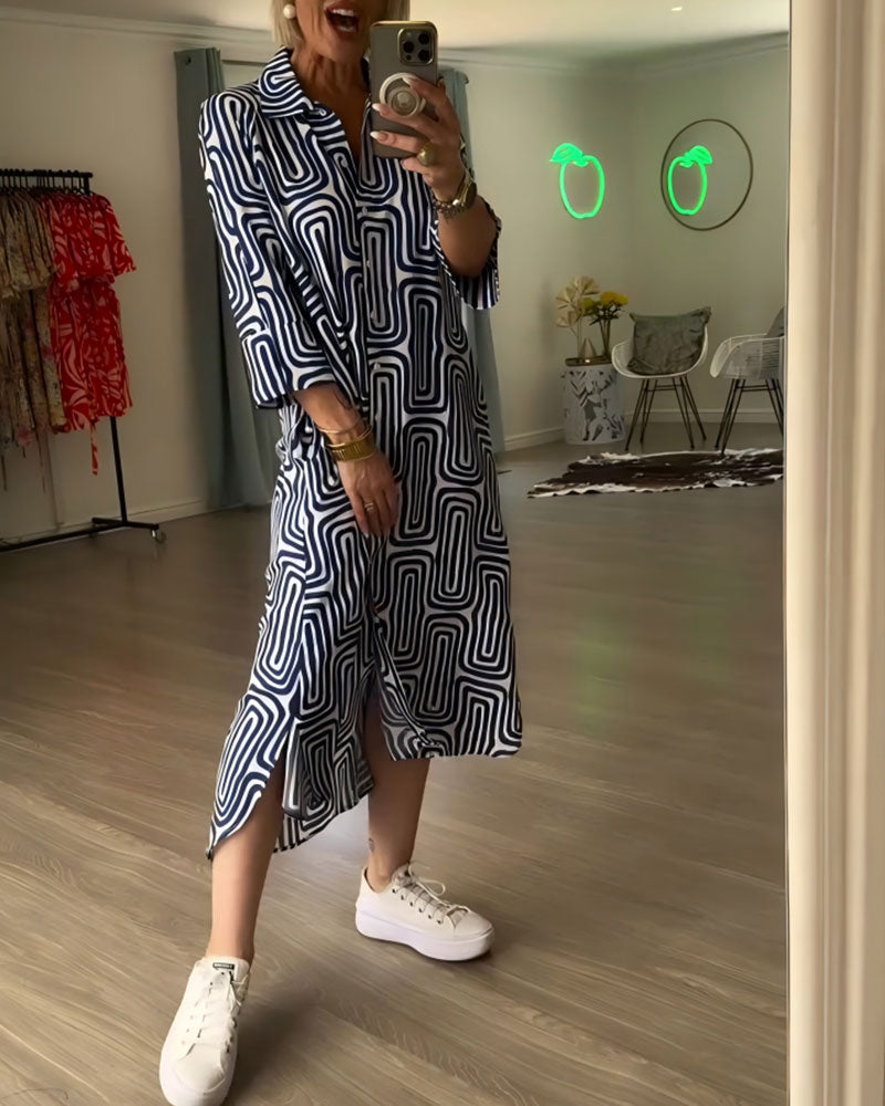 Lapel Geometric Print Loose Dress