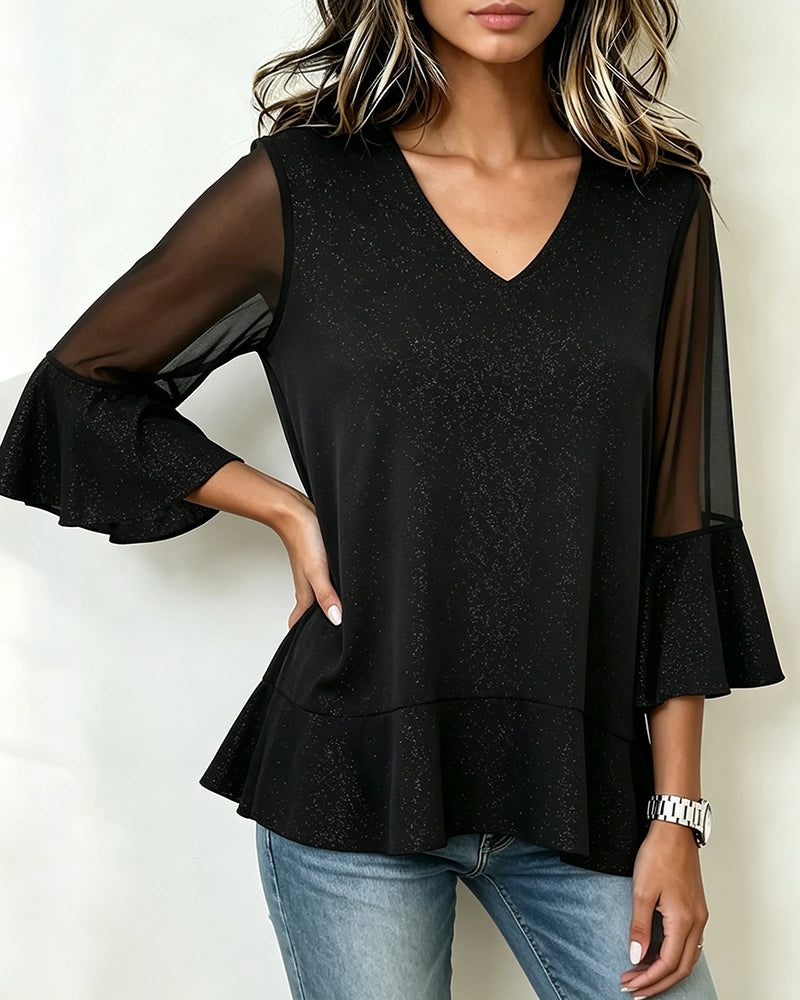V-Neck Ruffled Half-Sleeve Top