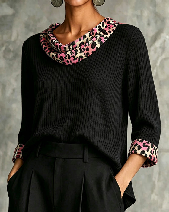 Cowl Neck Leopard Print Relaxed Panel Blouse
