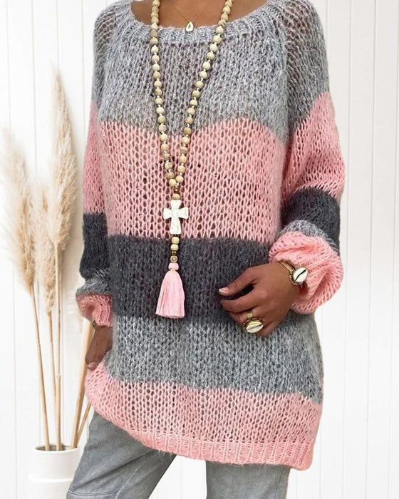 Round neck color block pullover