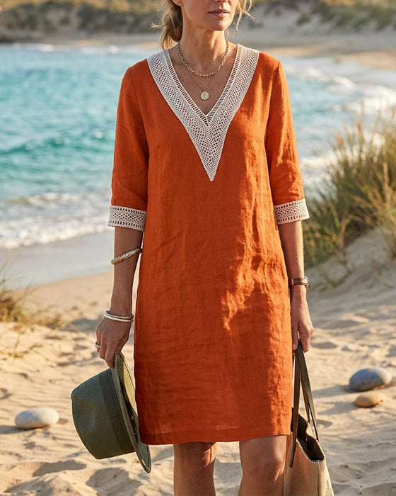 Three-Quarter Sleeve V-Neck Lace Patchwork Dress