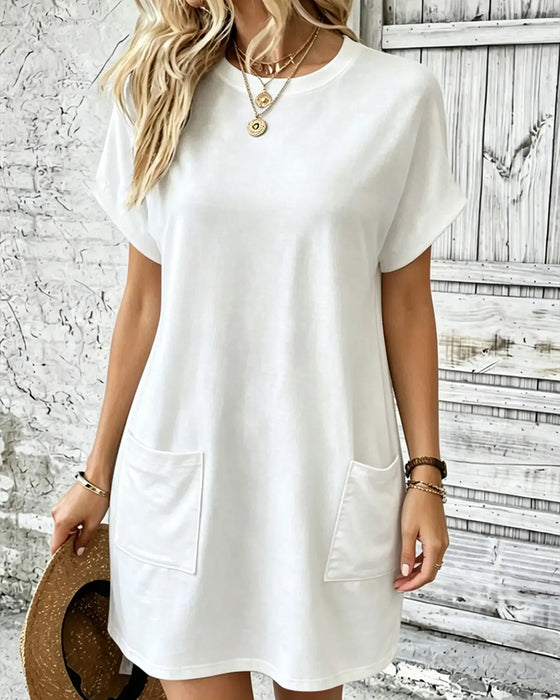 Round Neck Double Pocket Solid Casual Dress