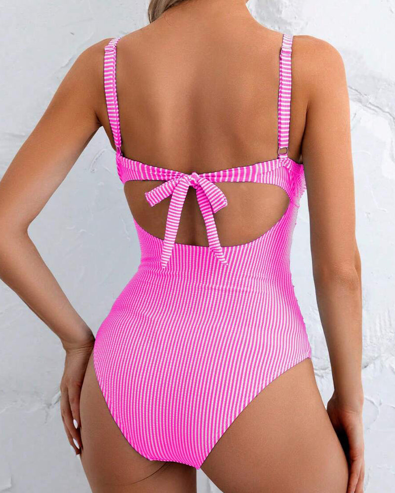 Striped Cutout Lace-Up One-Piece Swimsuit
