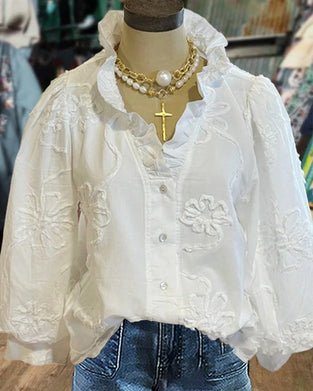 Ruffle Collar Floral Design Shirt