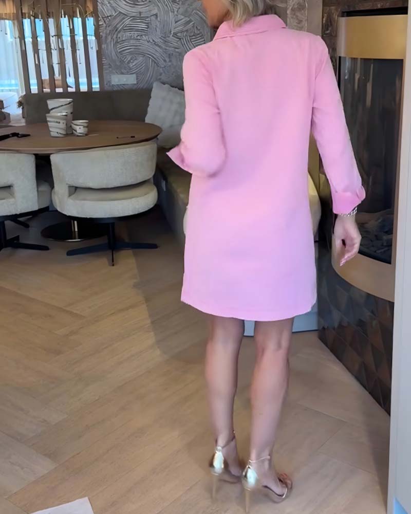 Solid Color Long Sleeve V-Neck Dress