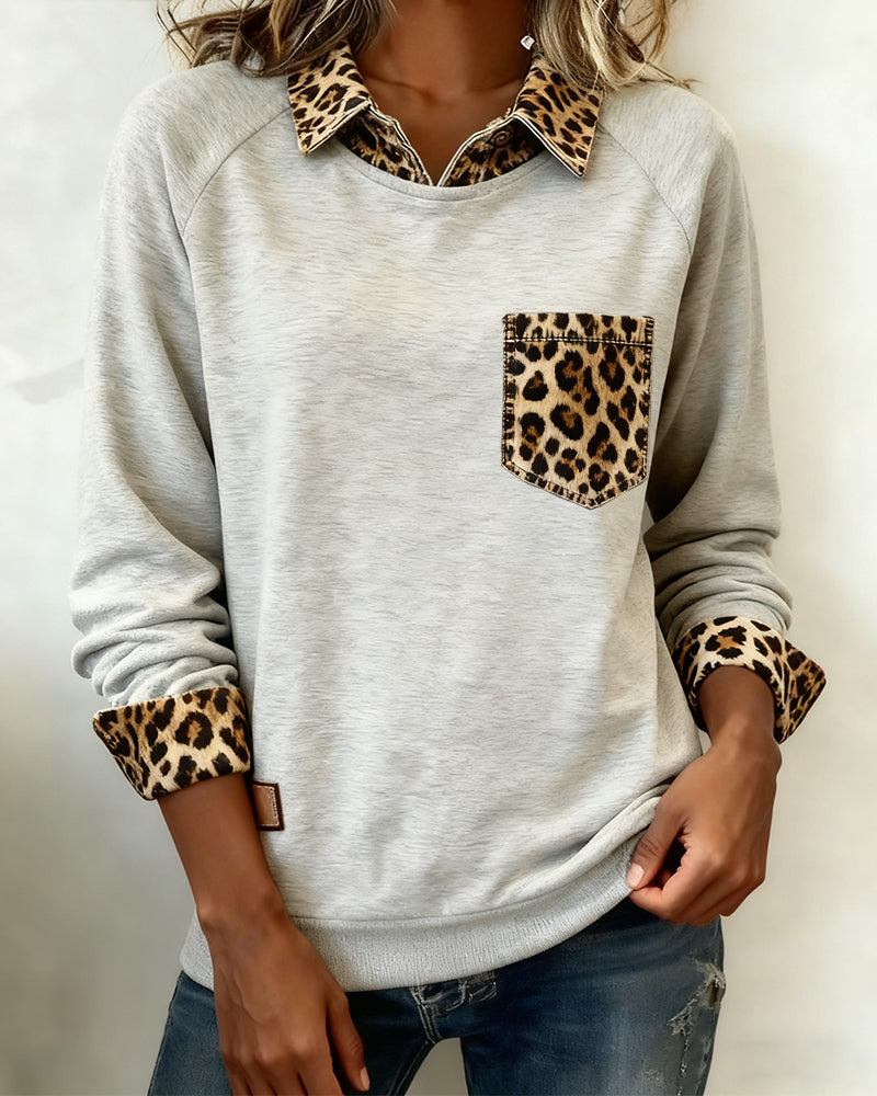 Long-Sleeved Lapel Leopard Print Sweatshirt
