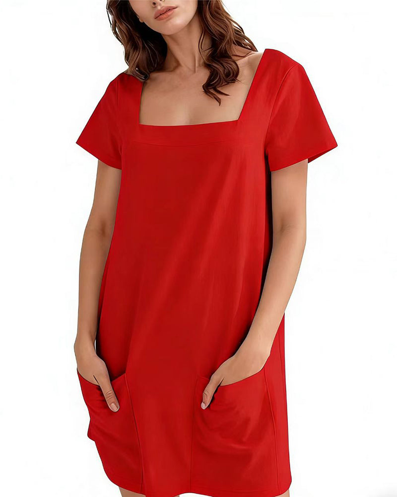 Square Neck Short-Sleeved Pocket Dress