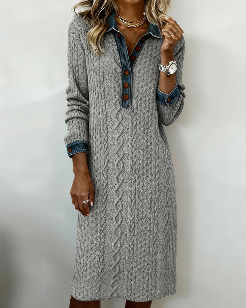 Denim cable knit patchwork collared dress