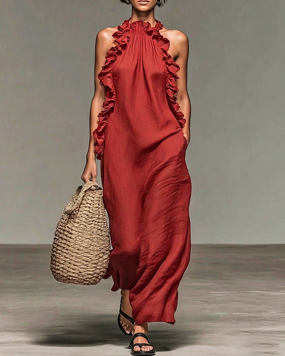 Halterneck Ruffled Long Dress