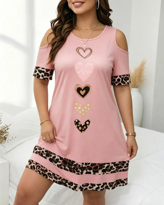 Round Neck Off-Shoulder Leopard Heart Dress