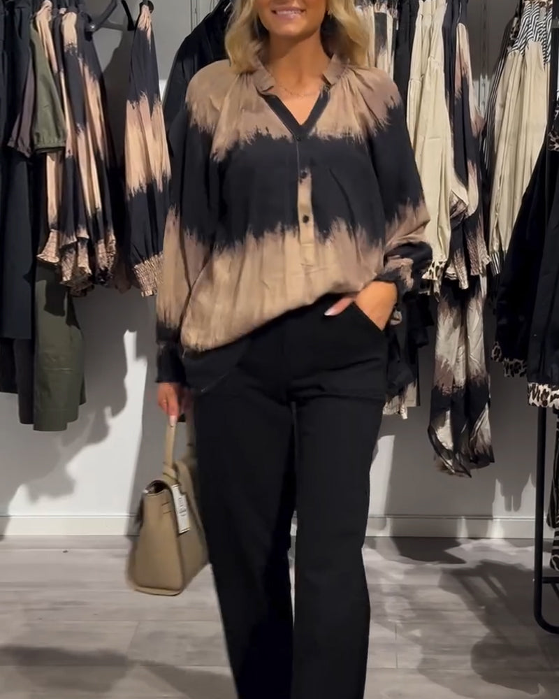 Vintage colorblock V-neck button blouse