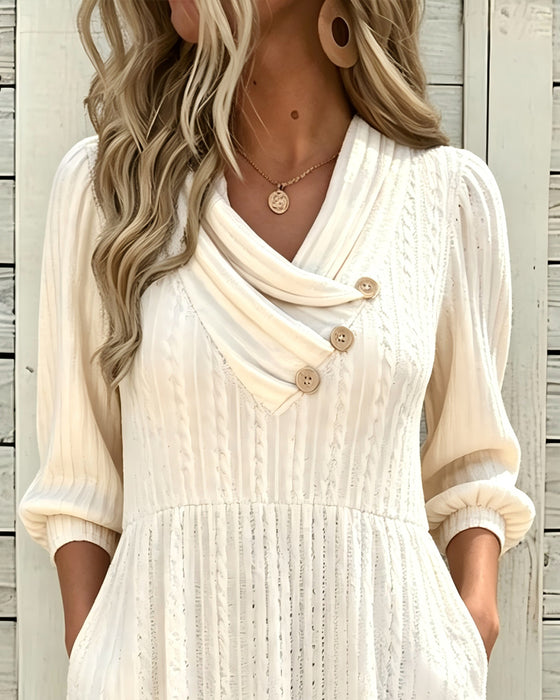 Pile Collar Puff Sleeve Button Dress