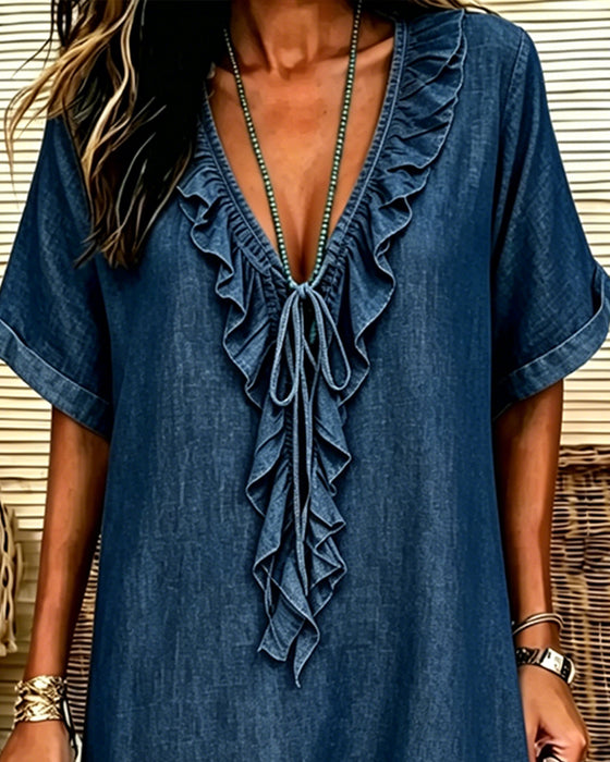 V-Neck Denim Ruffle Dress