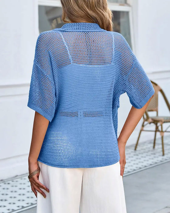 Lapel Hollow Mesh Cardigan