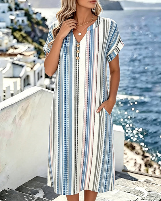 V-Neck Vertical Stripe Straight Dress