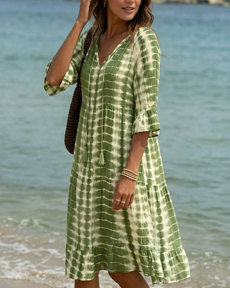 V-Neck Gradient Print Vacation Dress