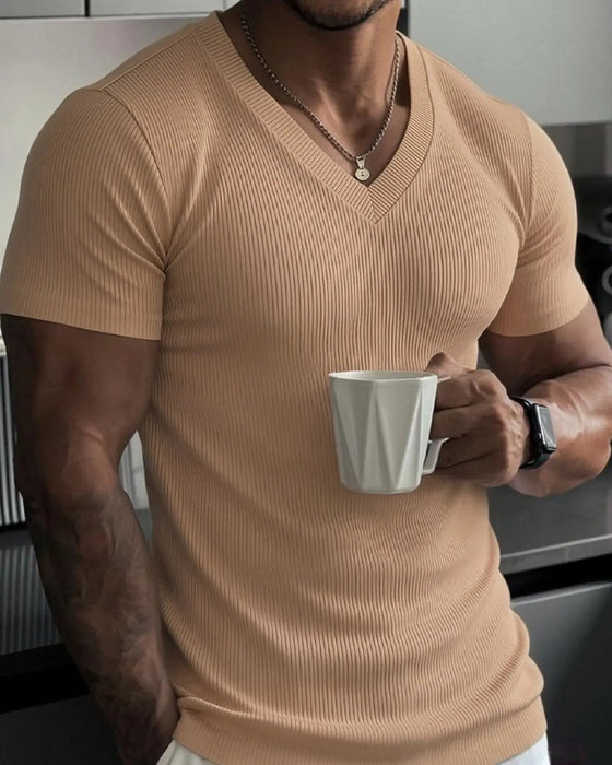 V-Neck Ribbed Solid Color Men's T-Shirt