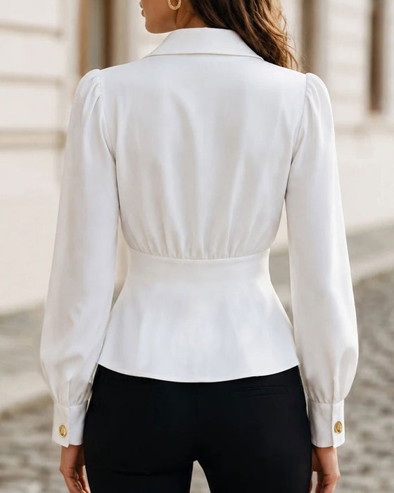 V-Neck Cinched Waist Button Puff Sleeve Blouse