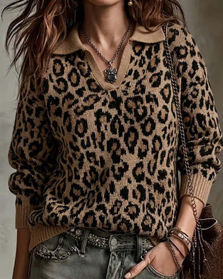 Lapel Leopard V-Neck Pullover