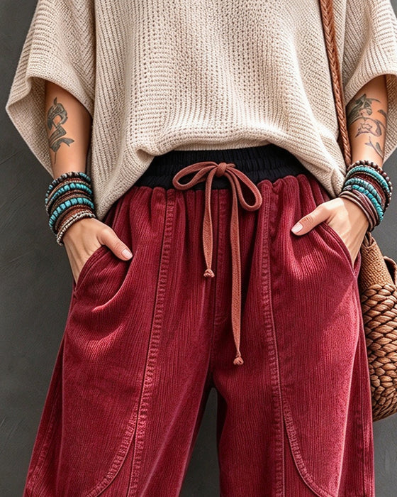 Elastic Waist Color-Block Cropped Wide-Leg Pants