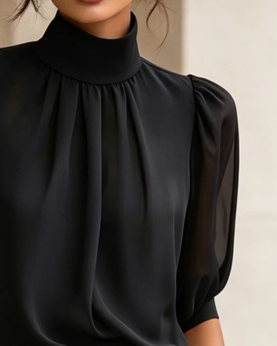 High Neck Puff Elbow-Length Sleeve Chiffon Blouse