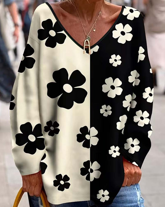 V-Neck Floral Color Block Loose T-Shirt